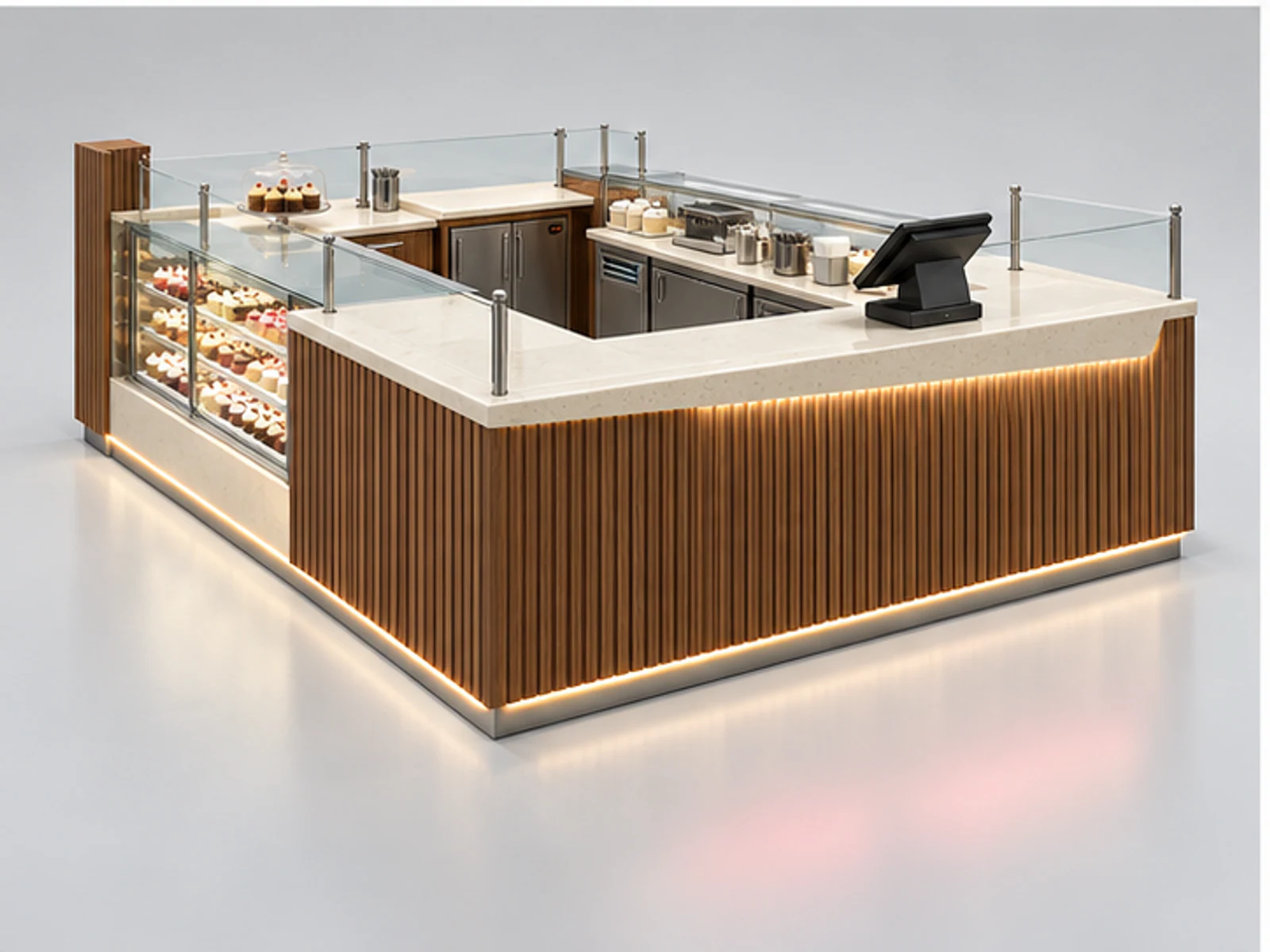 Wood Cupcake Kiosk with Chilled Bakery Showcase customer-facing display and service counter
