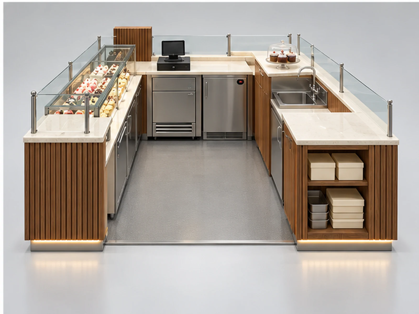 Wood Cupcake Kiosk with Chilled Bakery Showcase staff-side equipment and storage layout