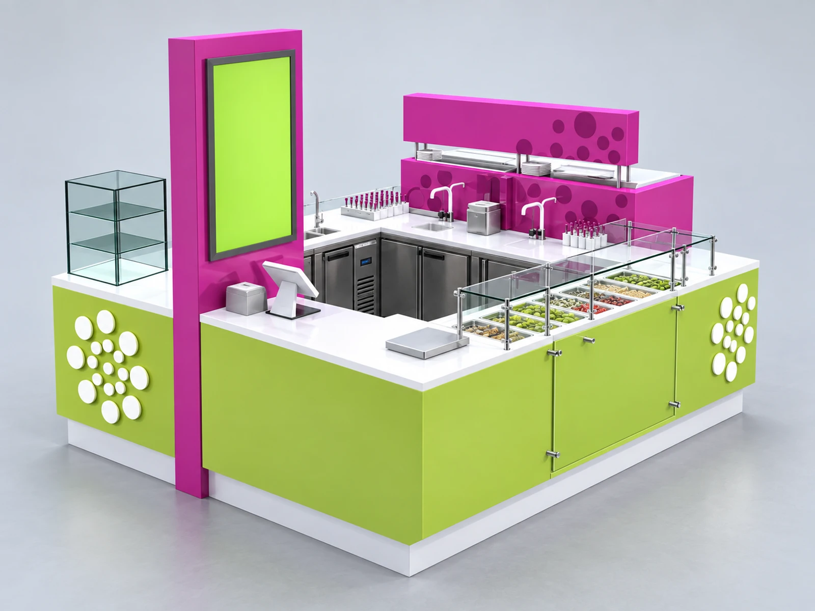 10x10 ft Mall Squre Frozen Yogurt Kiosk For Sale opposite angle and overall footprint