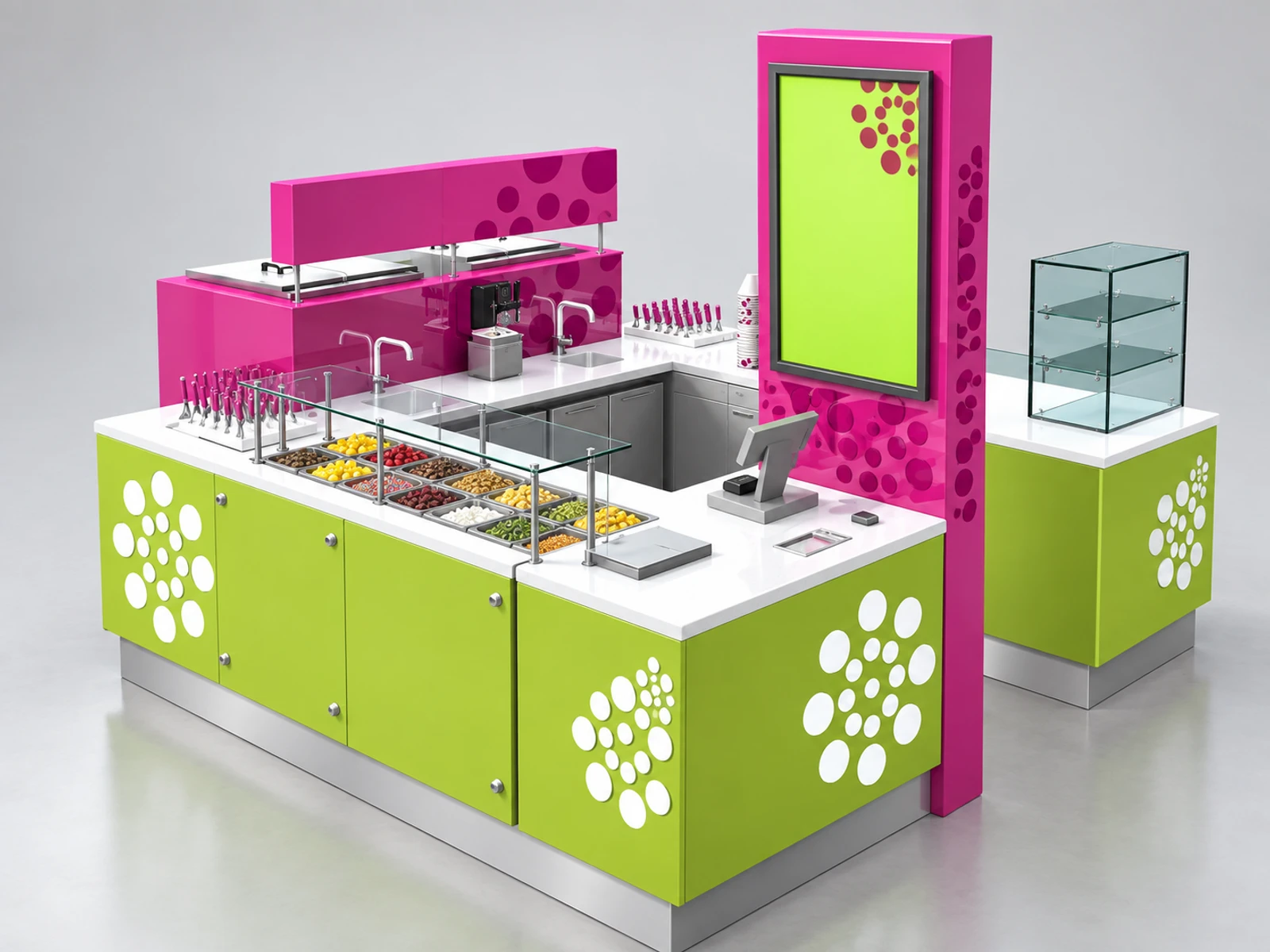 10x10 ft Mall Squre Frozen Yogurt Kiosk For Sale customer-facing service and display view
