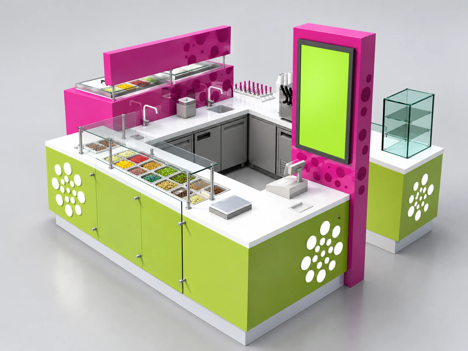 10x10 ft Mall Squre Frozen Yogurt Kiosk For Sale staff-side equipment and storage view