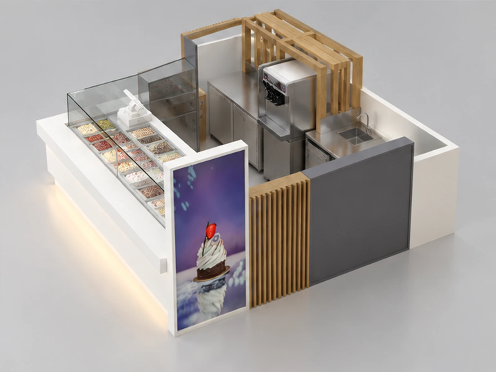 Attractive Frozen Yogurt Booth Ice Cream Food Retail Kiosk staff-side equipment and storage view