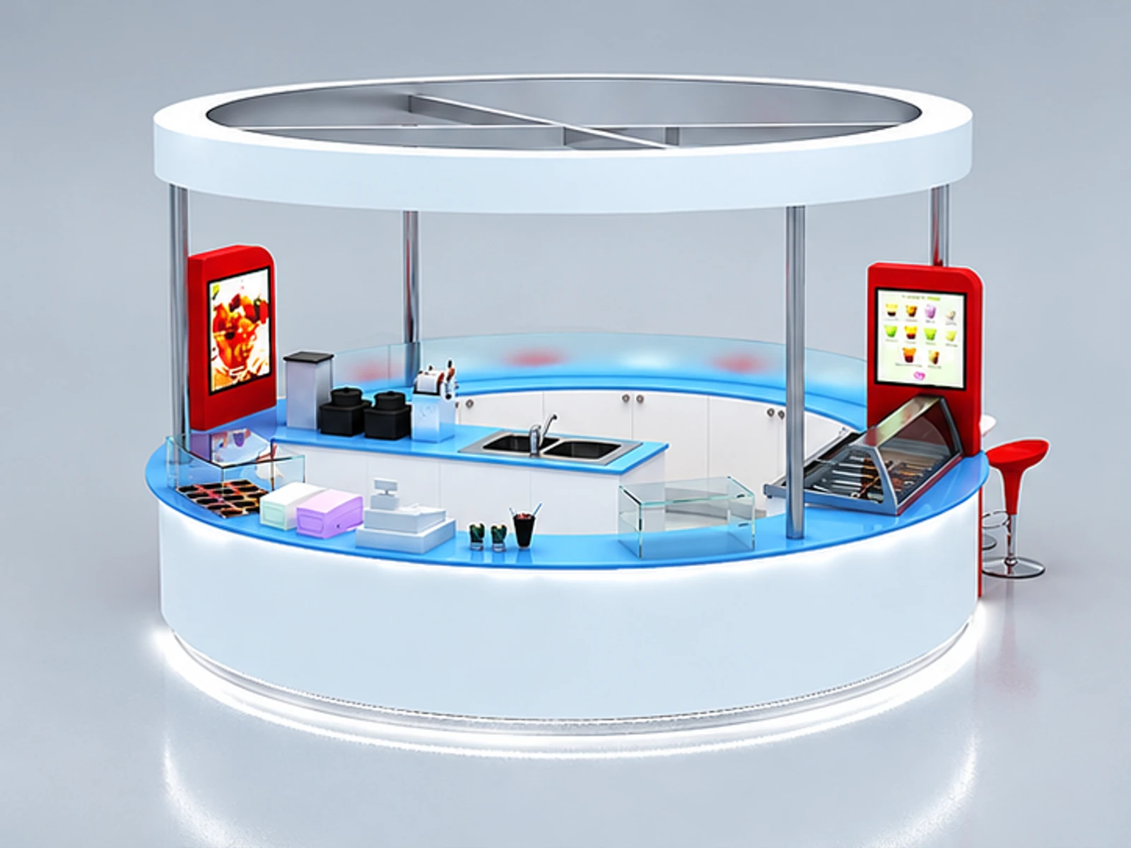 Circle shape mall yogurt display stand | lovely design for ice cream kiosk main three-quarter view