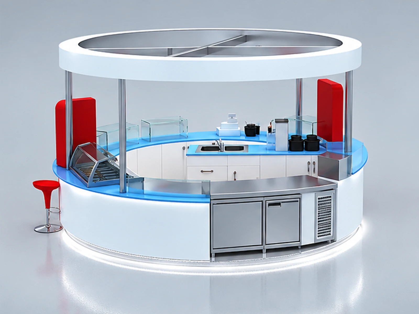 Circle shape mall yogurt display stand | lovely design for ice cream kiosk opposite angle and overall footprint