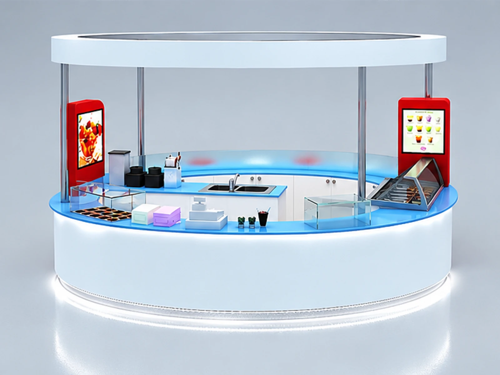 Circle shape mall yogurt display stand | lovely design for ice cream kiosk customer-facing service and display view