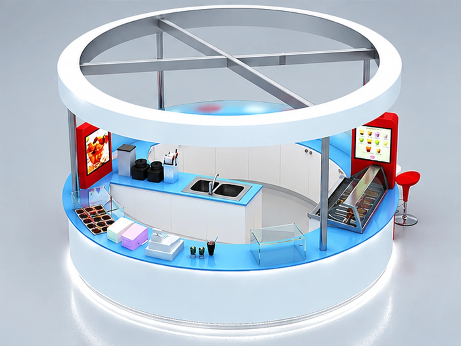 Circle shape mall yogurt display stand | lovely design for ice cream kiosk staff-side equipment and storage view