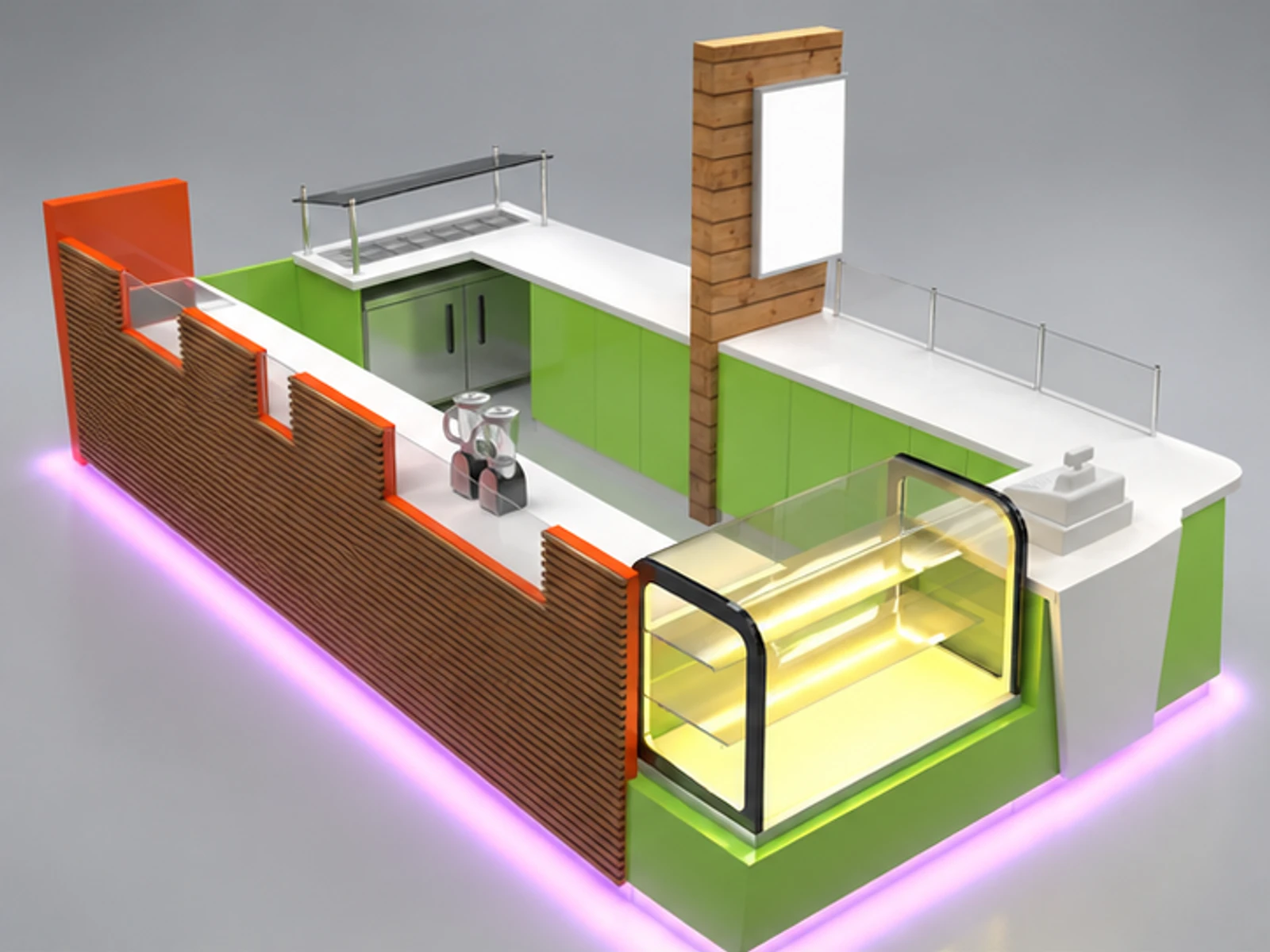 Colored frozen yogurt display kiosk | custom mall food stand main three-quarter view
