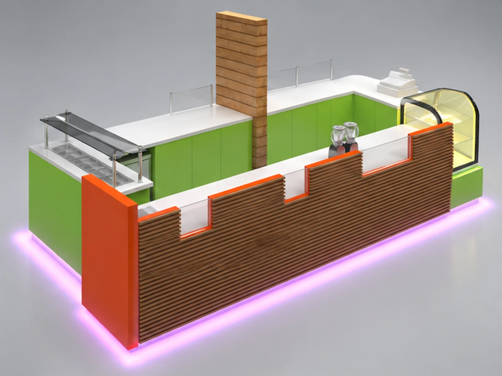 Colored frozen yogurt display kiosk | custom mall food stand opposite angle and overall footprint