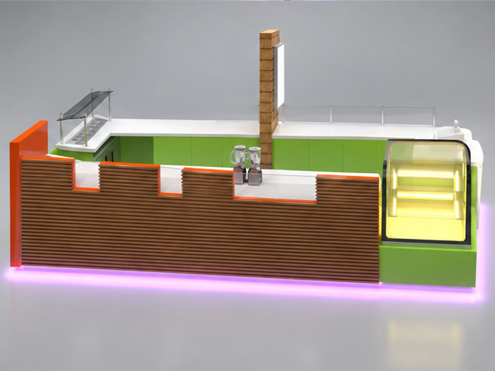 Colored frozen yogurt display kiosk | custom mall food stand customer-facing service and display view
