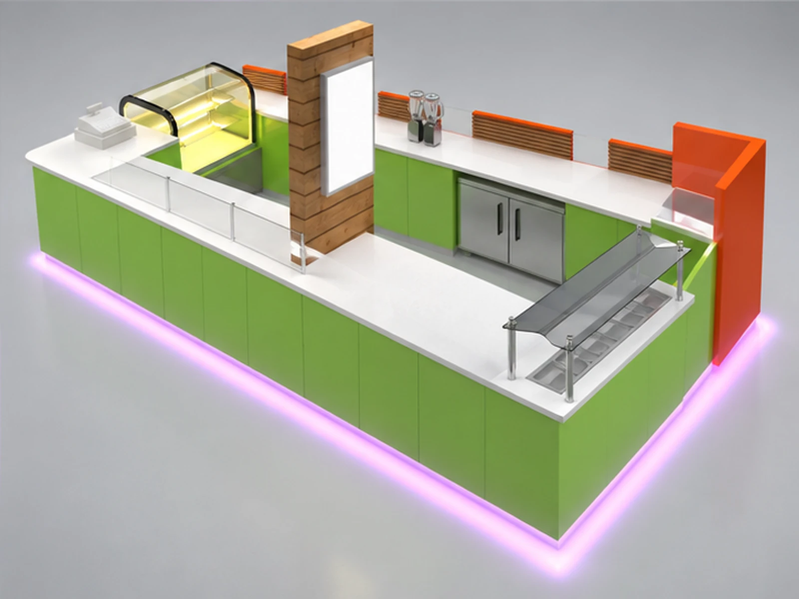 Colored frozen yogurt display kiosk | custom mall food stand staff-side equipment and storage view