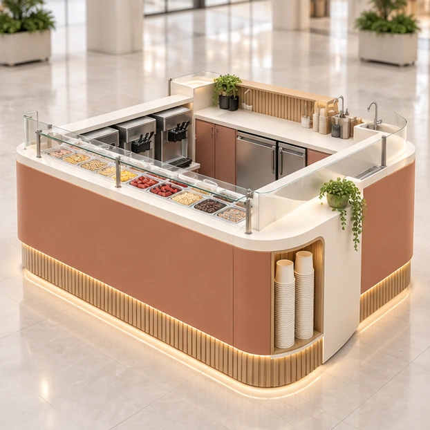 Compact Frozen Yogurt Booth with Cup Storage opposite angle showing its complete footprint and display layout