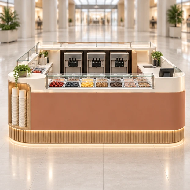 Compact Frozen Yogurt Booth with Cup Storage customer-facing service and display view