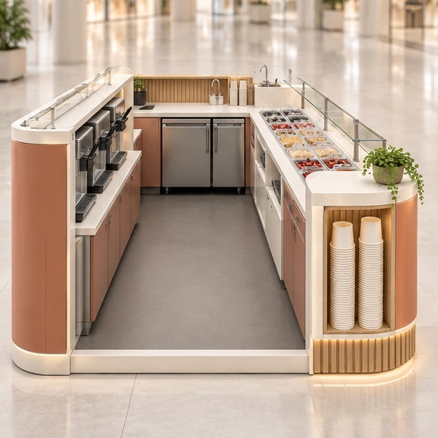 Compact Frozen Yogurt Booth with Cup Storage operator-side equipment, access, and storage view