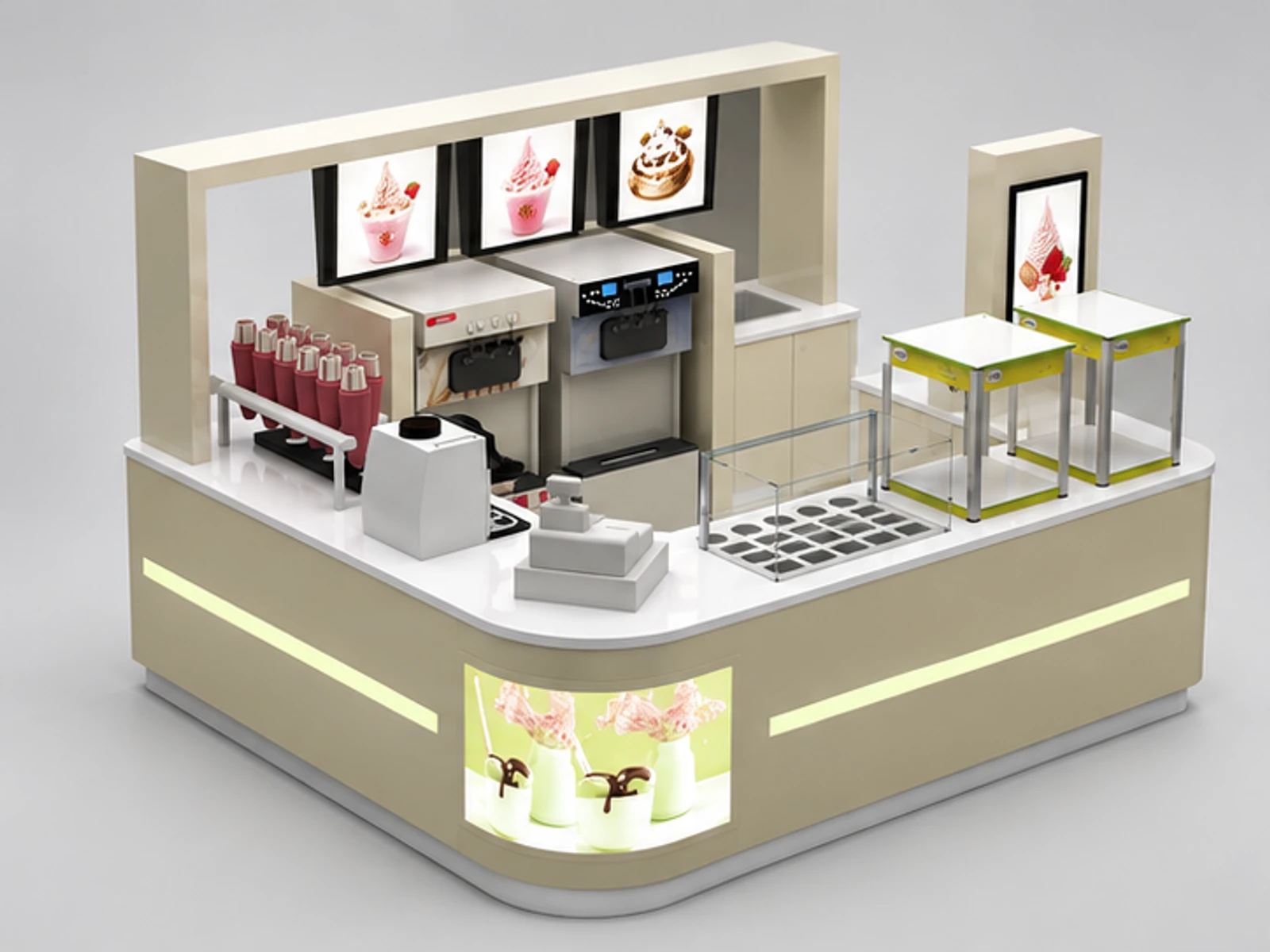Cream-colored yogurt cabinet | frozen yogurt display kiosk for sale main three-quarter view