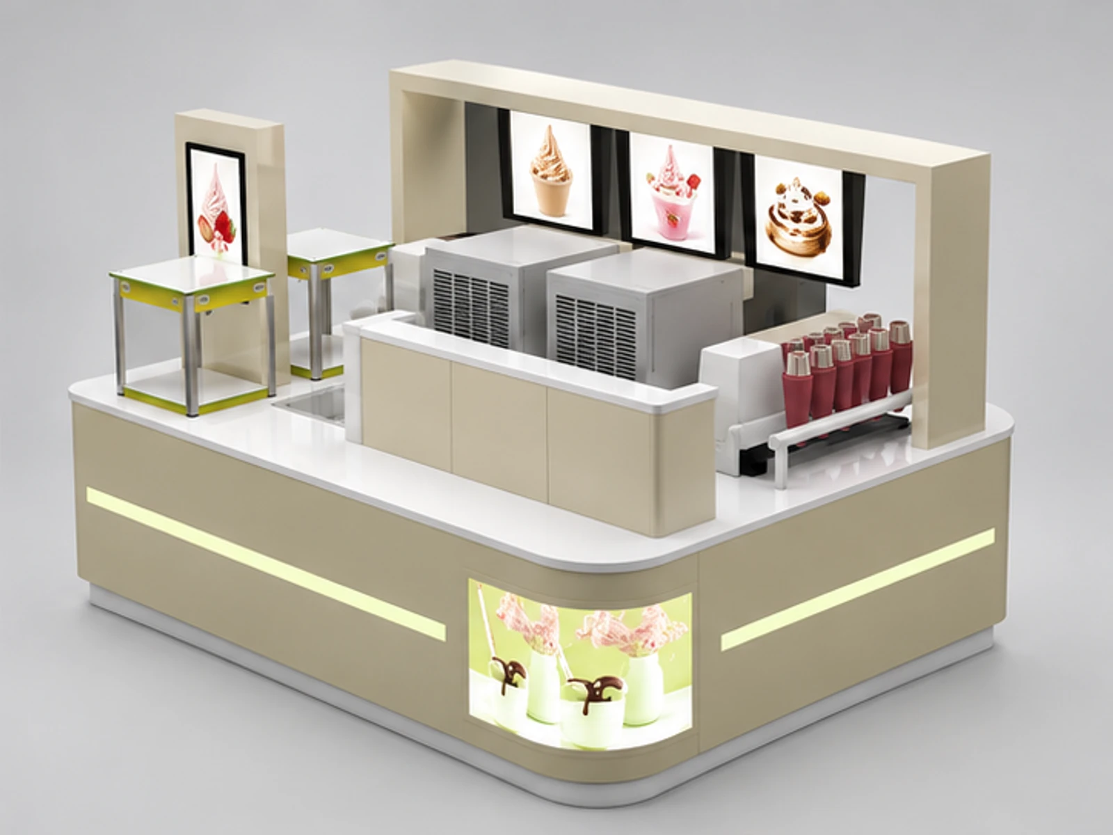 Cream-colored yogurt cabinet | frozen yogurt display kiosk for sale opposite angle and overall footprint
