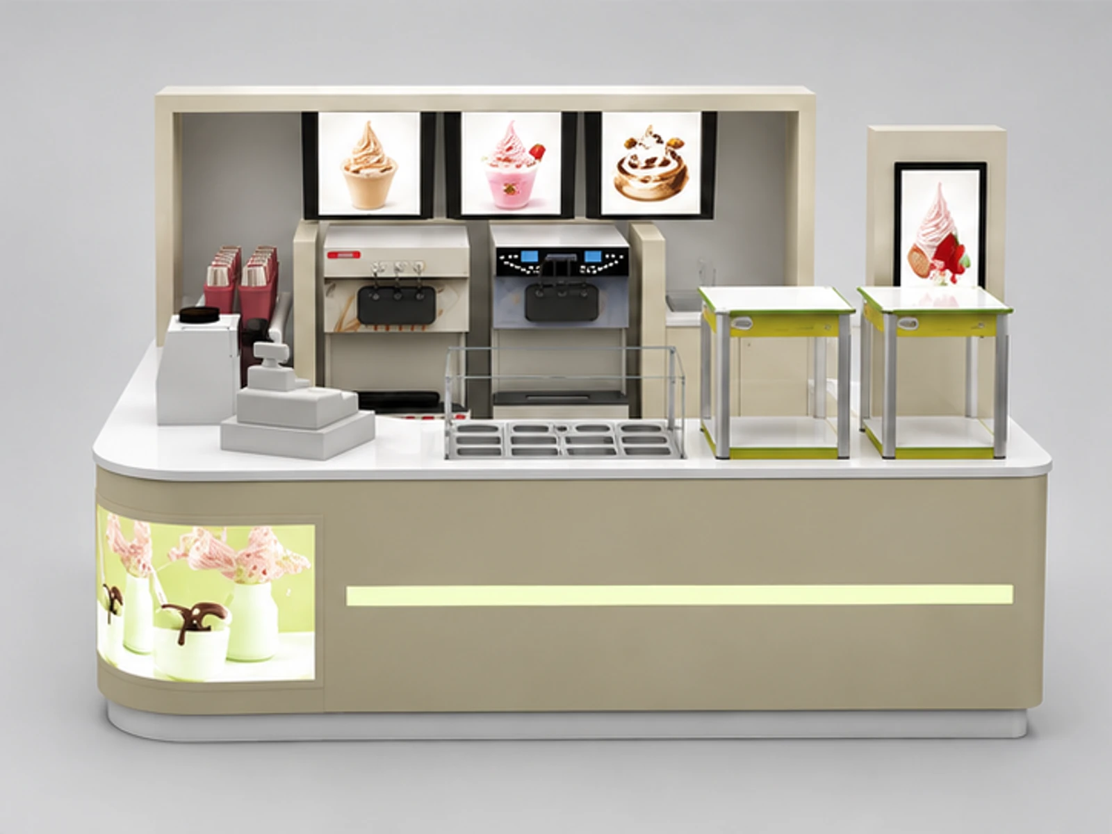 Cream-colored yogurt cabinet | frozen yogurt display kiosk for sale customer-facing service and display view