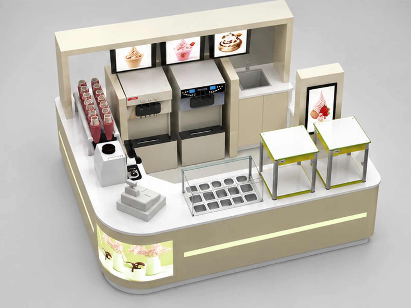 Cream-colored yogurt cabinet | frozen yogurt display kiosk for sale staff-side equipment and storage view
