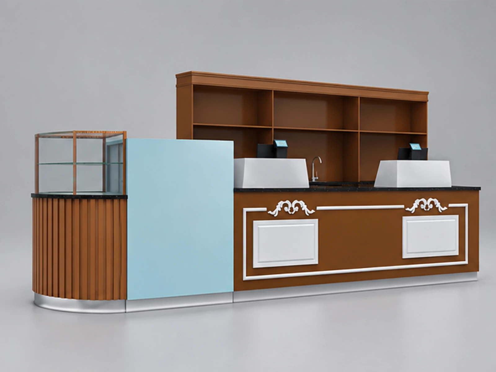 Curved yogurt display counter | beautiful design for mall food kiosk main three-quarter view