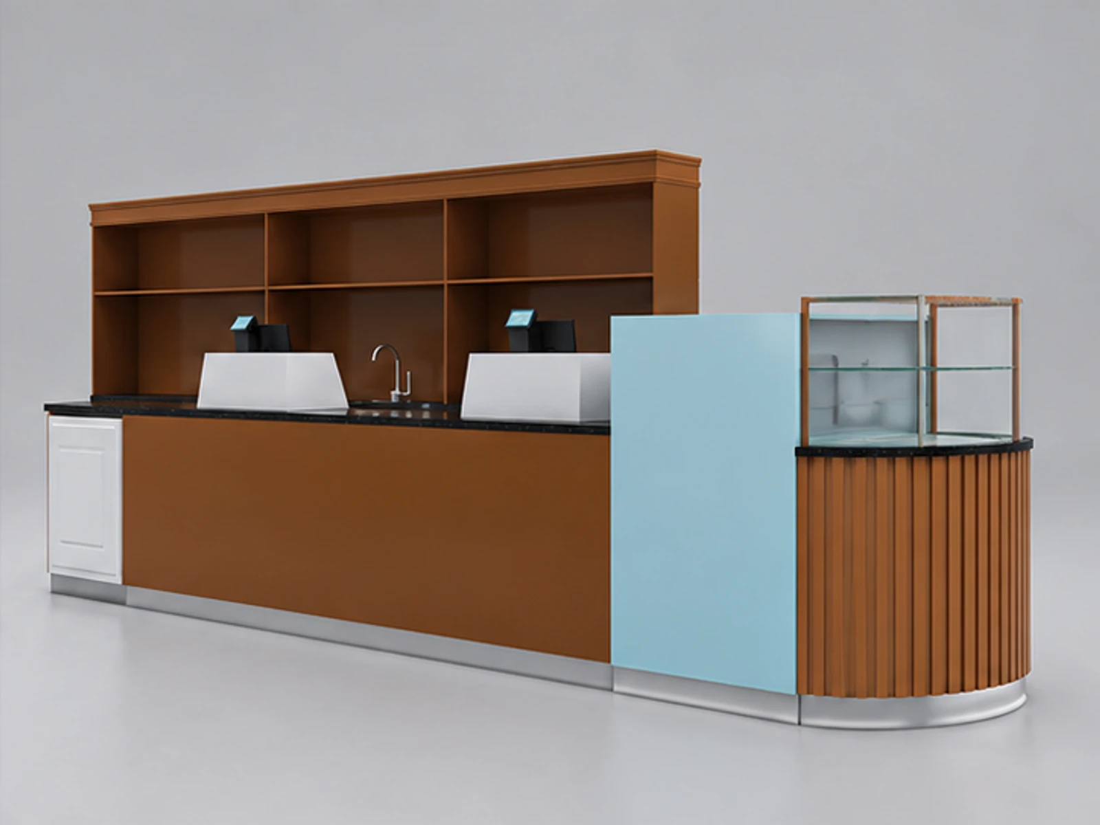 Curved yogurt display counter | beautiful design for mall food kiosk opposite angle and overall footprint