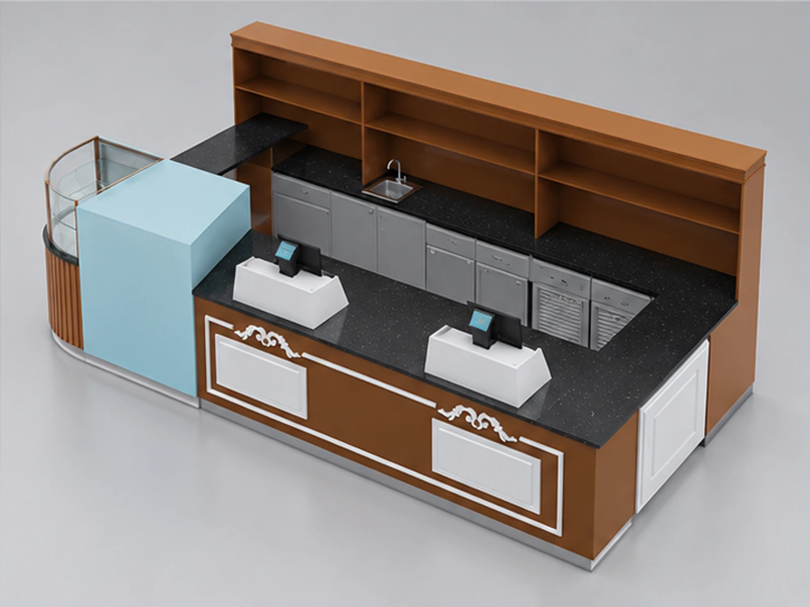 Curved yogurt display counter | beautiful design for mall food kiosk staff-side equipment and storage view