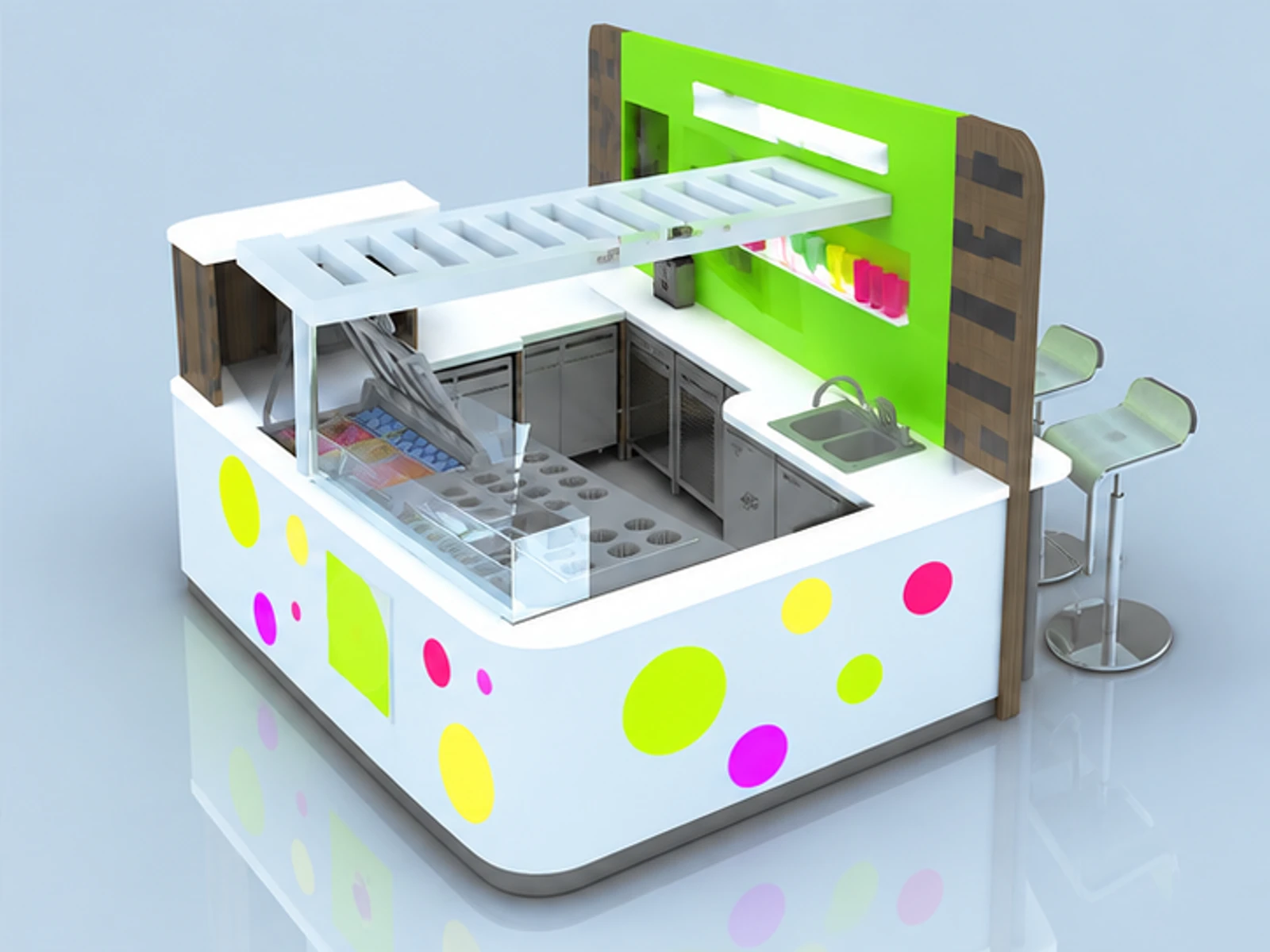 Customized Yogurt Kiosk & Food Retail Kiosk for Juice Bar Counter in Retail Store opposite angle and overall footprint