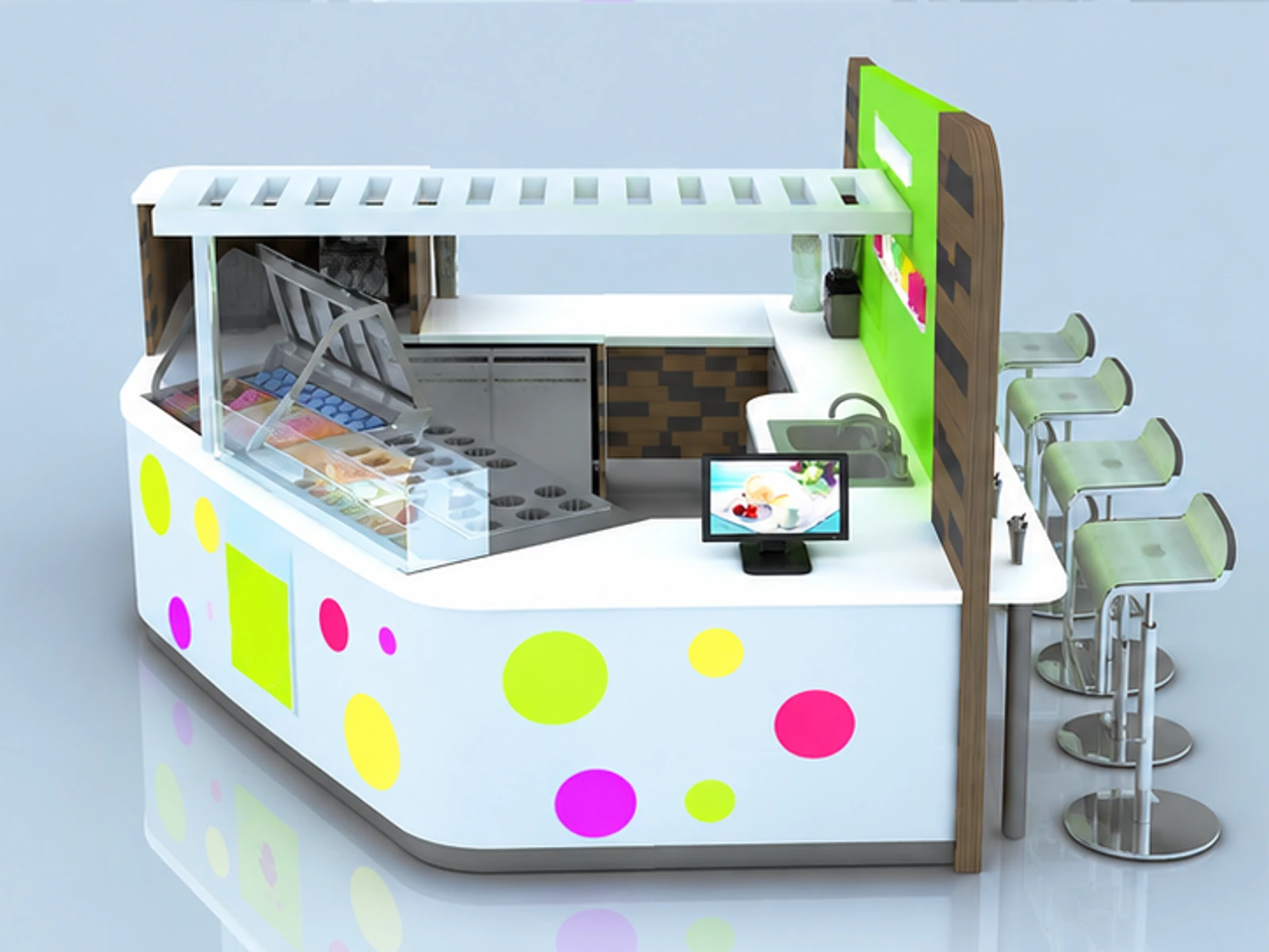 Customized Yogurt Kiosk & Food Retail Kiosk for Juice Bar Counter in Retail Store customer-facing service and display view