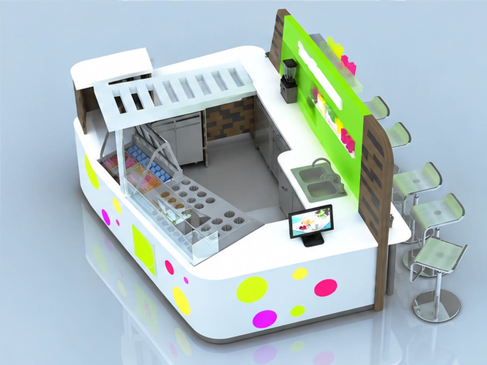 Customized Yogurt Kiosk & Food Retail Kiosk for Juice Bar Counter in Retail Store staff-side equipment and storage view