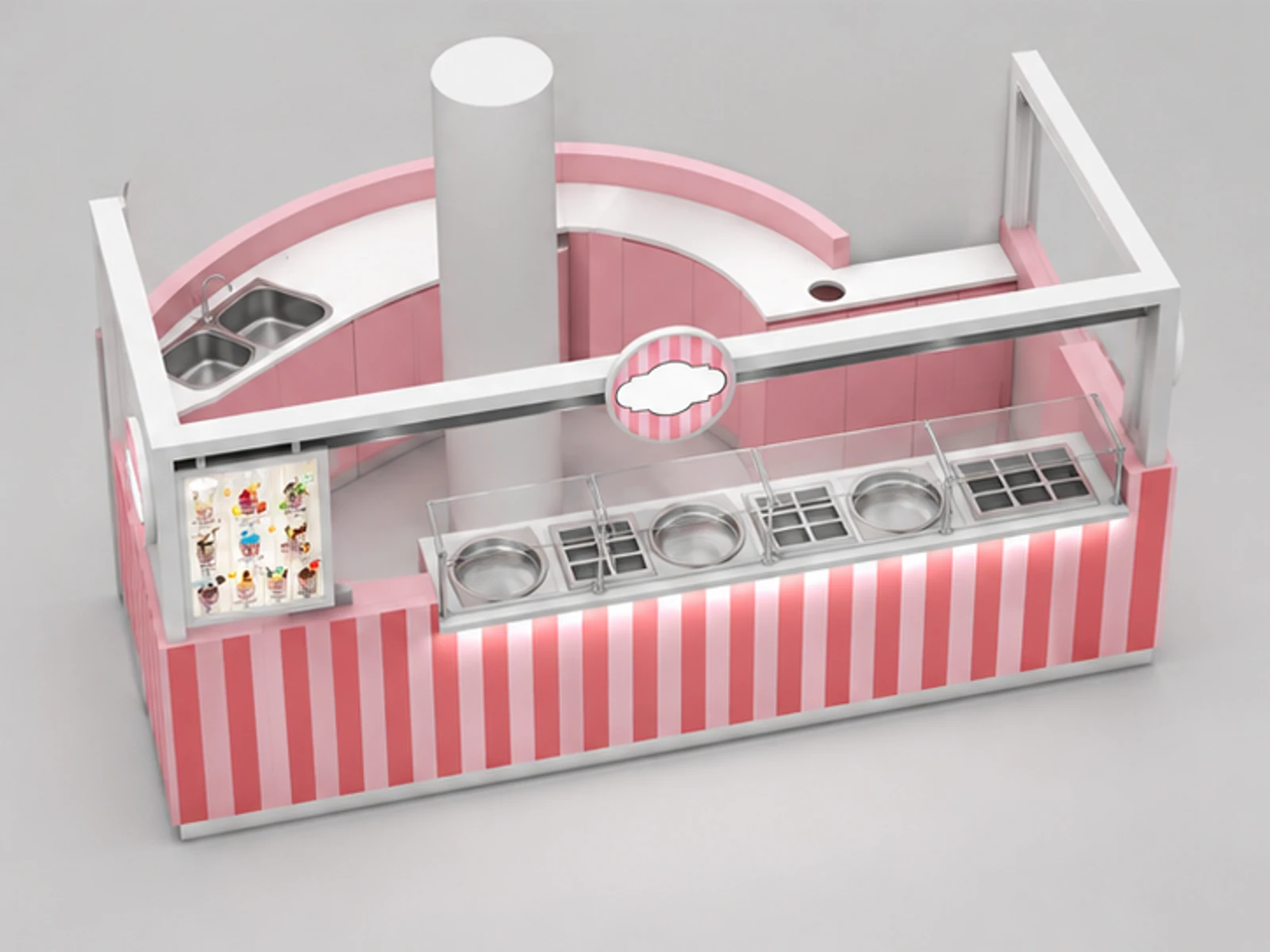 Customized Yogurt Kiosk & Frozen Yogurt Display Counter for Ice Cream Booth for Sale staff-side equipment and storage view
