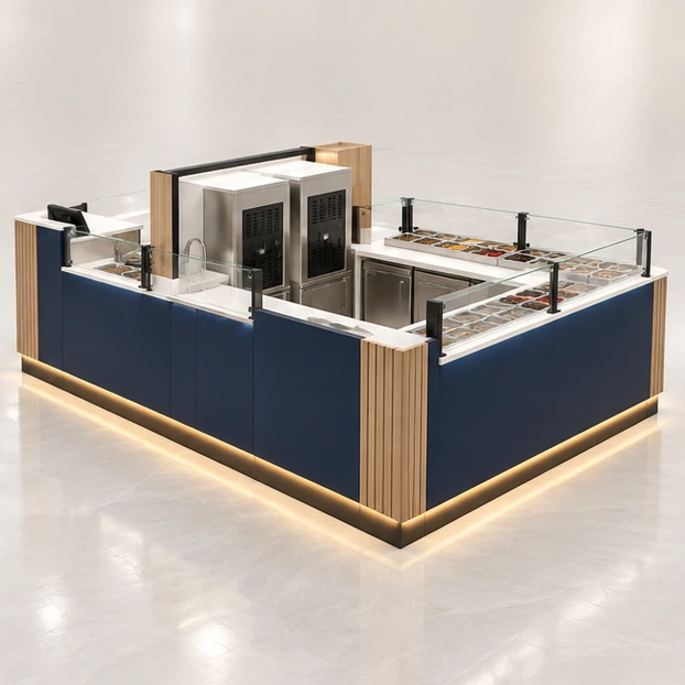 Dual-Machine Frozen Yogurt Kiosk with Chilled Toppings opposite angle showing its complete footprint and display layout
