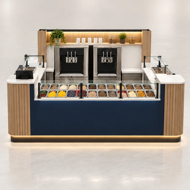 Dual-Machine Frozen Yogurt Kiosk with Chilled Toppings customer-facing service and display view