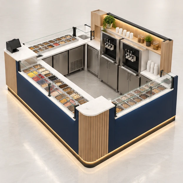 Dual-Machine Frozen Yogurt Kiosk with Chilled Toppings operator-side equipment, access, and storage view