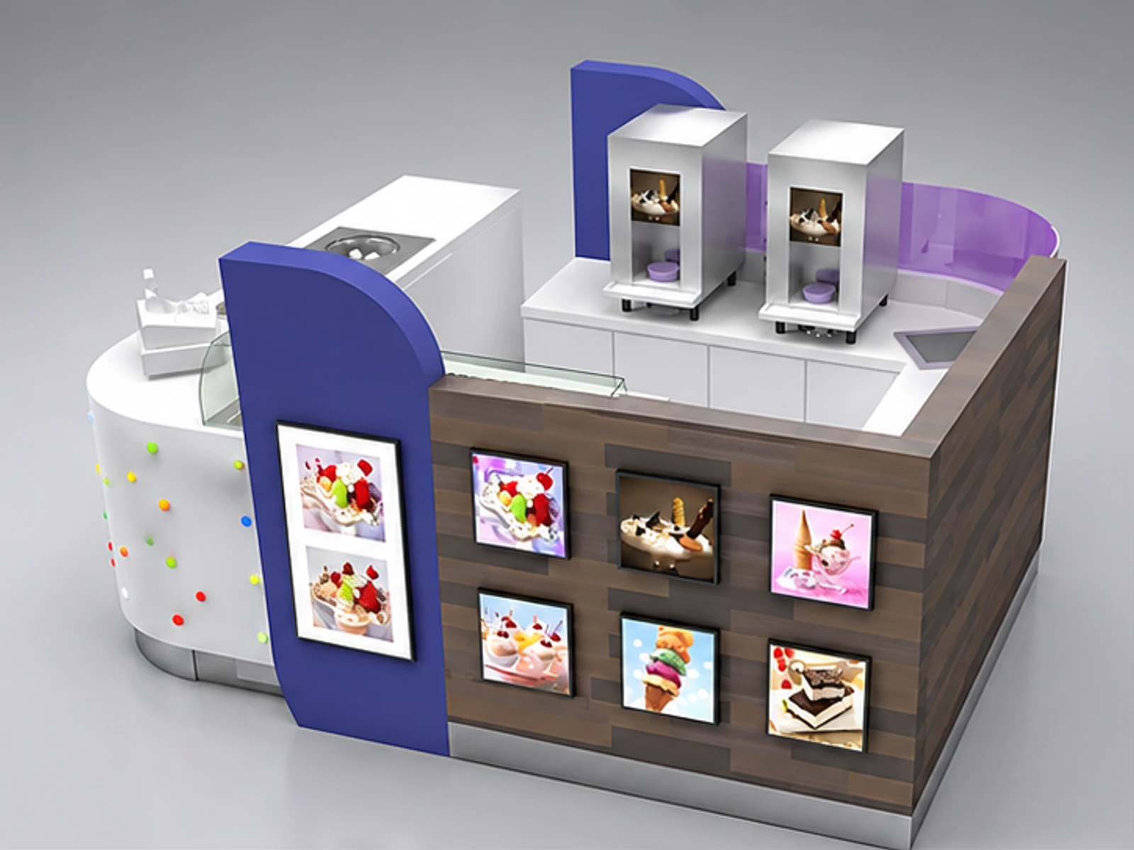 Exquisite frozen yogurt kiosk design |small size ice cream booth main three-quarter view