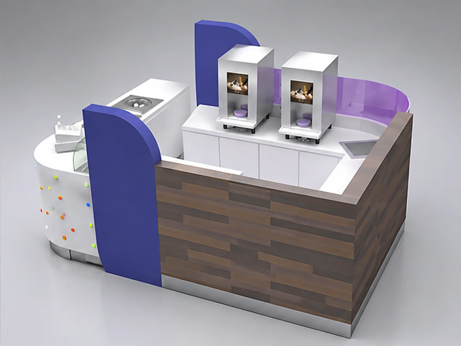 Exquisite frozen yogurt kiosk design |small size ice cream booth opposite angle and overall footprint