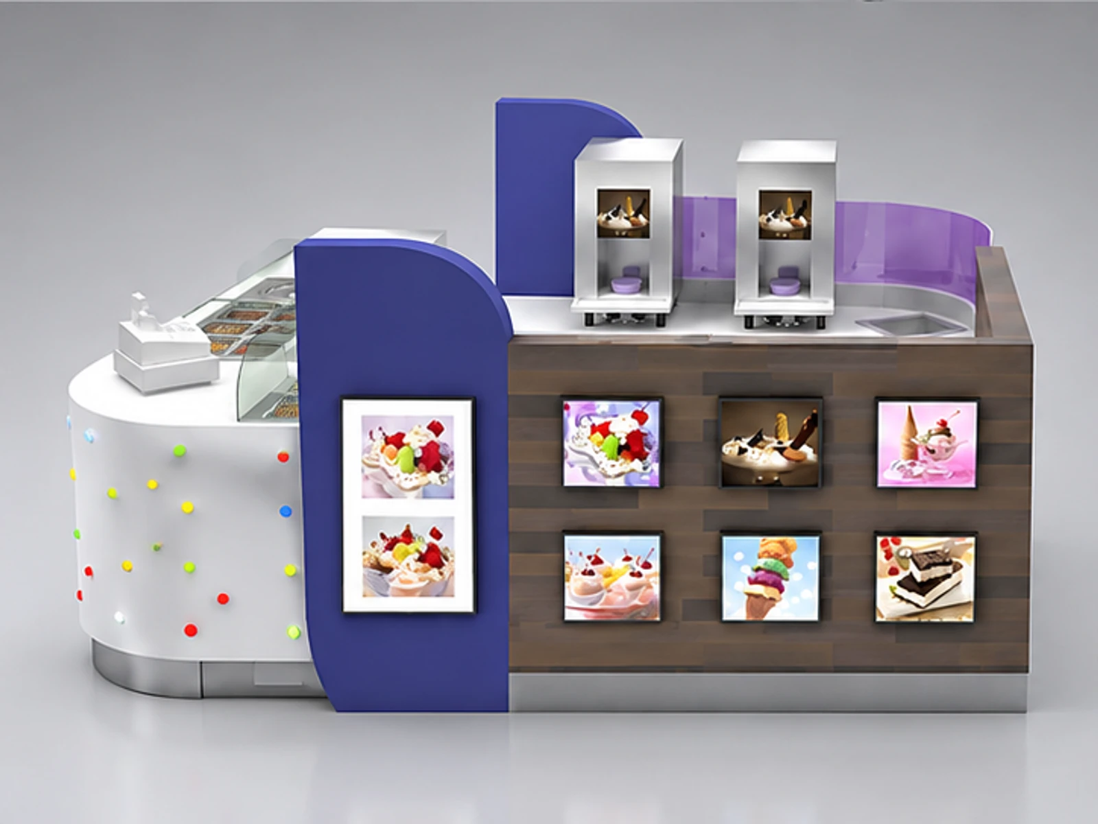 Exquisite frozen yogurt kiosk design |small size ice cream booth customer-facing service and display view