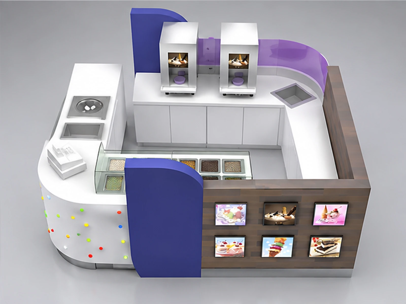 Exquisite frozen yogurt kiosk design |small size ice cream booth staff-side equipment and storage view