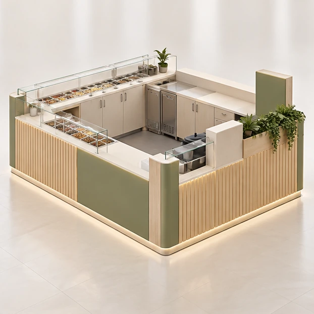 Family Frozen Yogurt Kiosk with Wide Pickup Counter opposite angle showing its complete footprint and display layout