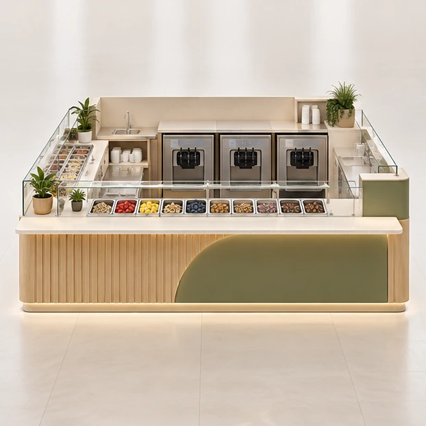 Family Frozen Yogurt Kiosk with Wide Pickup Counter customer-facing service and display view
