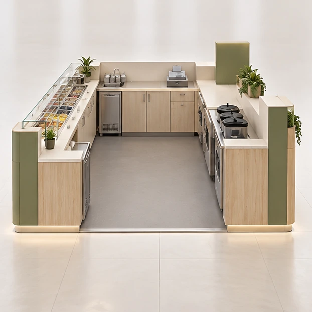 Family Frozen Yogurt Kiosk with Wide Pickup Counter operator-side equipment, access, and storage view