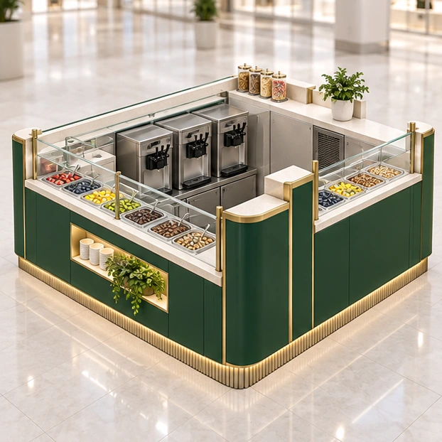 Four-Side Frozen Yogurt Island with Central Service main three-quarter product rendering