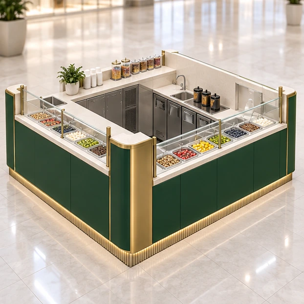 Four-Side Frozen Yogurt Island with Central Service opposite angle showing its complete footprint and display layout