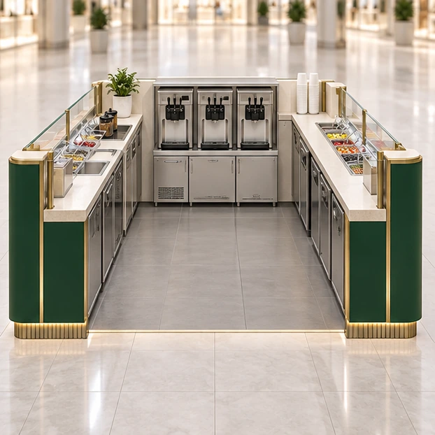 Four-Side Frozen Yogurt Island with Central Service operator-side equipment, access, and storage view