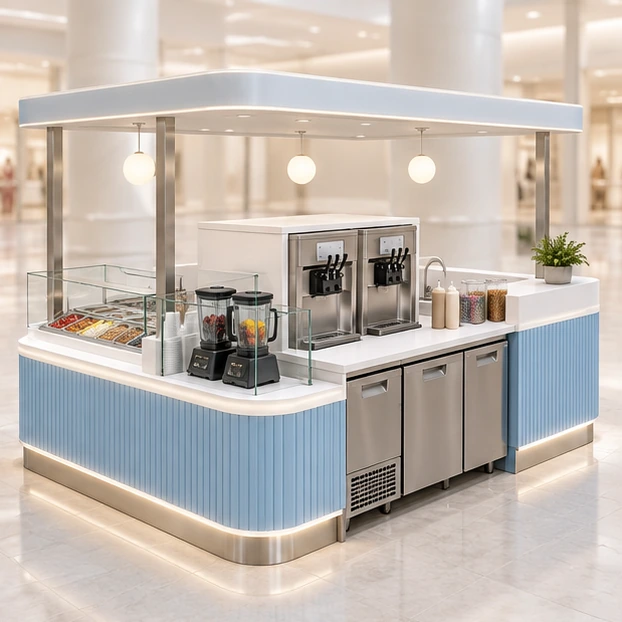 Frozen Yogurt and Smoothie Kiosk with Shared Prep Line opposite angle showing its complete footprint and display layout