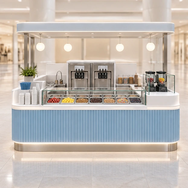 Frozen Yogurt and Smoothie Kiosk with Shared Prep Line customer-facing service and display view