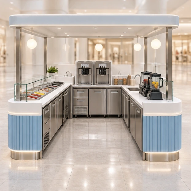 Frozen Yogurt and Smoothie Kiosk with Shared Prep Line operator-side equipment, access, and storage view
