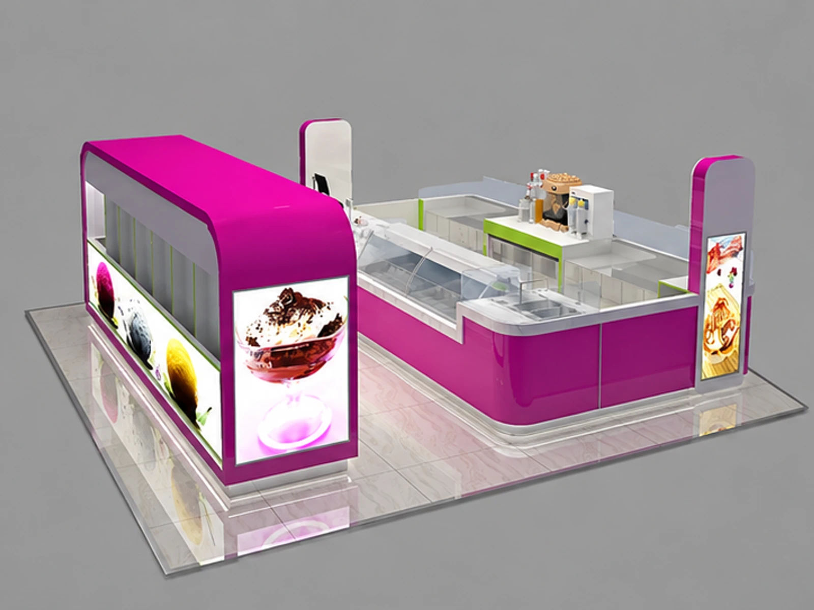 Frozen yogurt counter bar design | self-service ice cream stand main three-quarter view