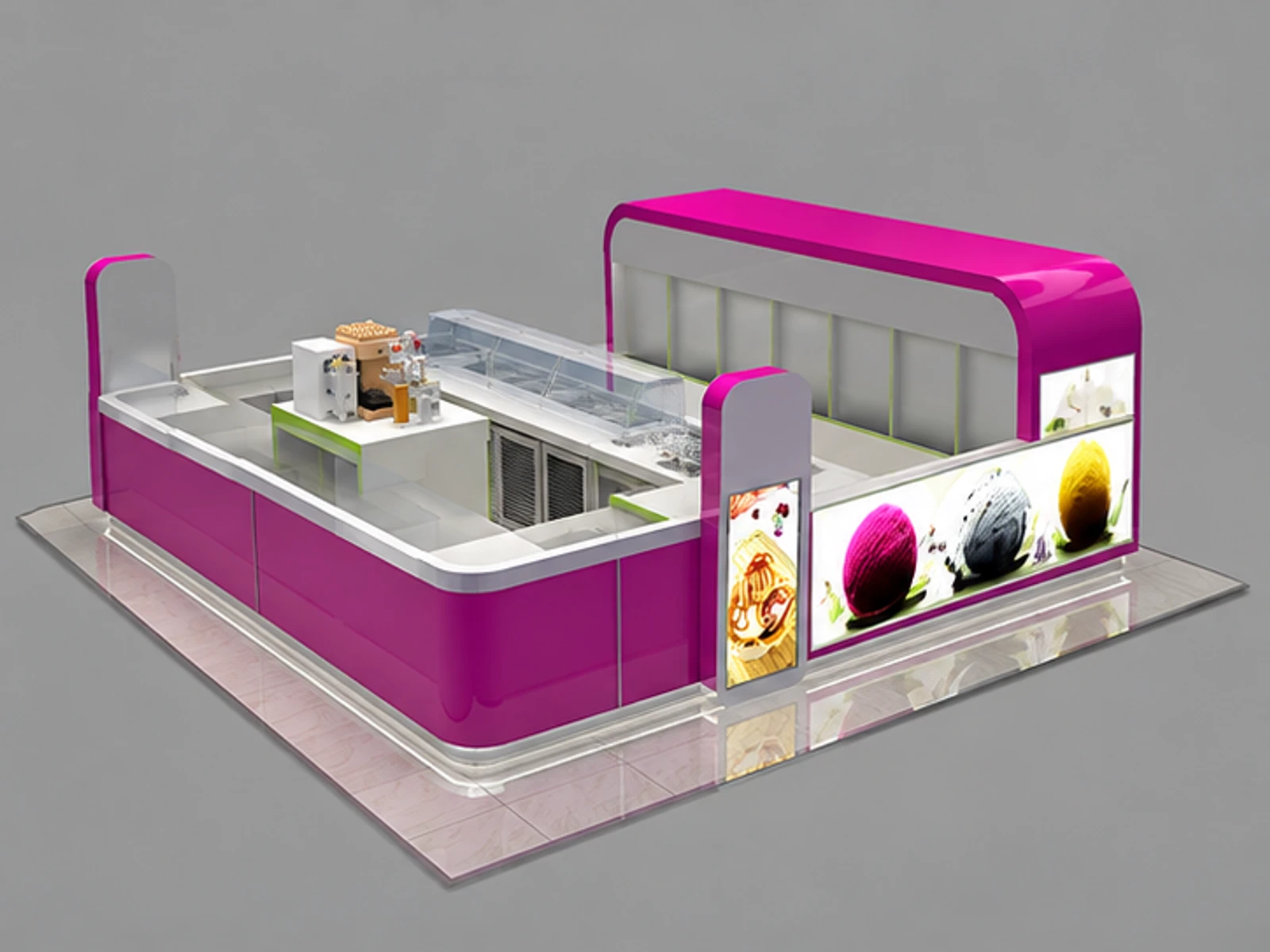 Frozen yogurt counter bar design | self-service ice cream stand opposite angle and overall footprint