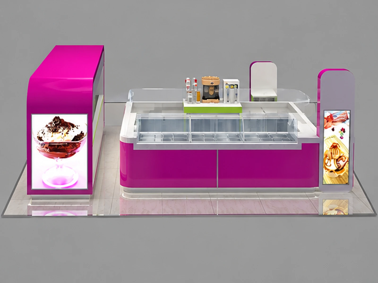 Frozen yogurt counter bar design | self-service ice cream stand customer-facing service and display view