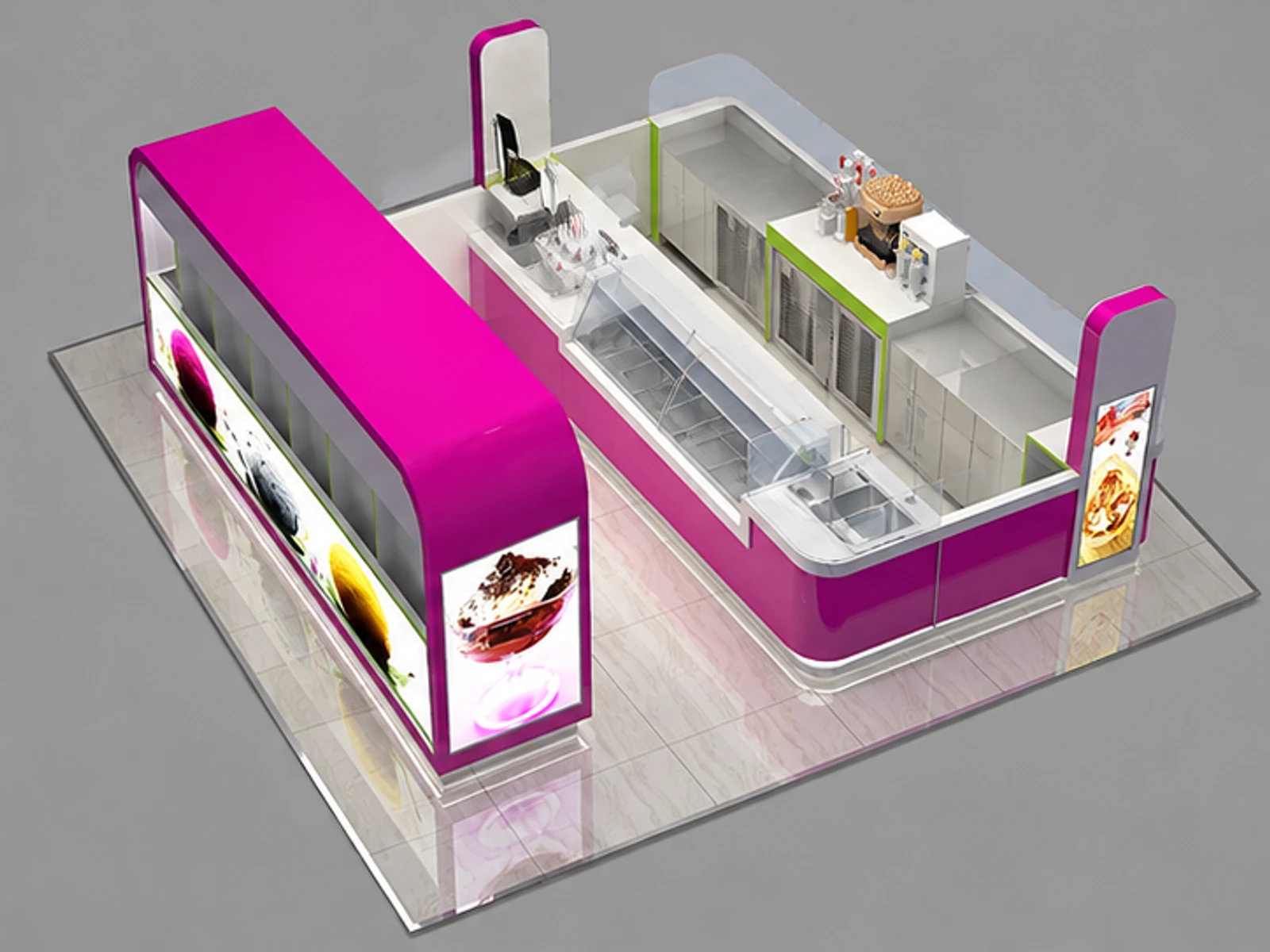 Frozen yogurt counter bar design | self-service ice cream stand staff-side equipment and storage view