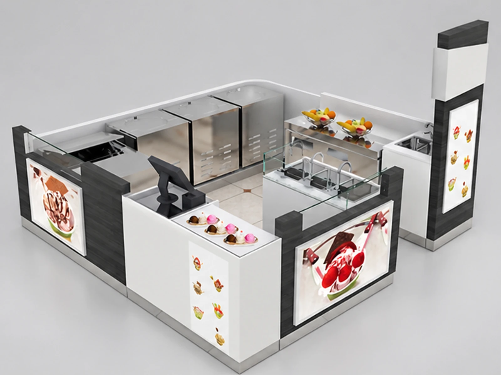 Functional roll ice cream kiosk frozen yogurt booth design used in mall for sale main three-quarter view