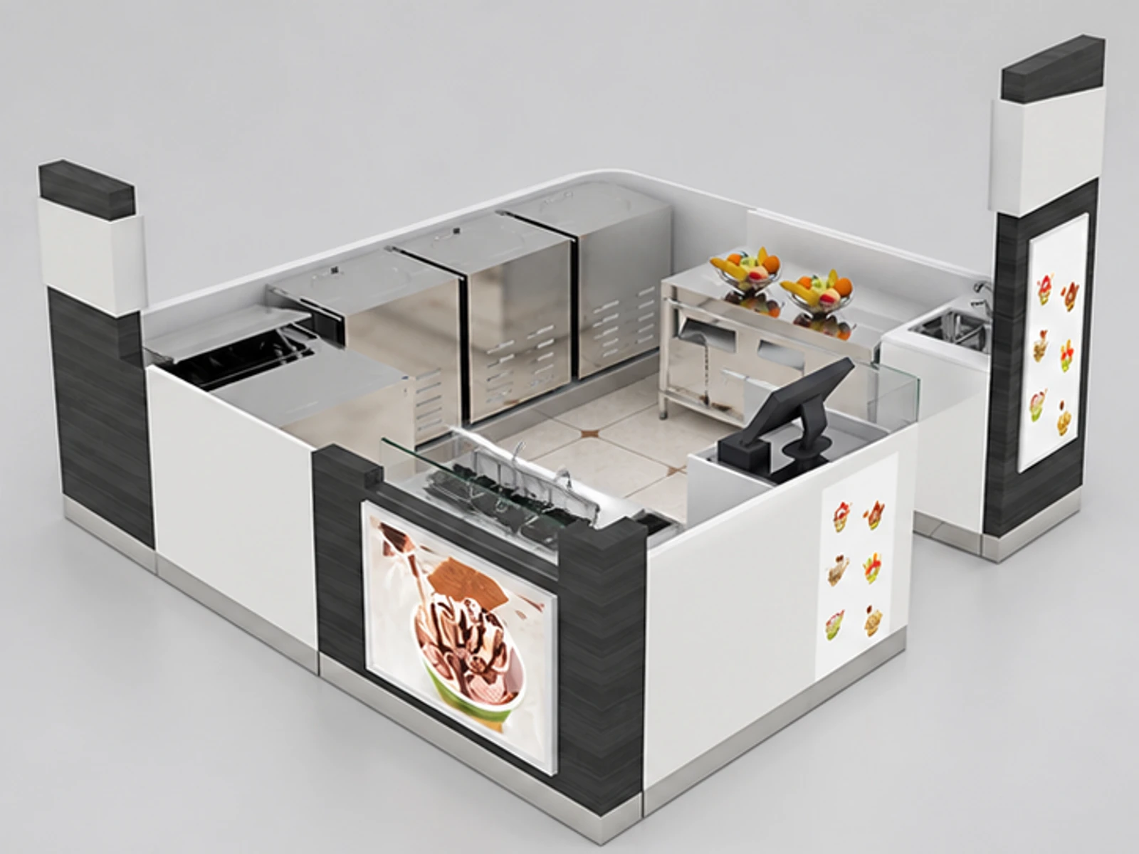 Functional roll ice cream kiosk frozen yogurt booth design used in mall for sale opposite angle and overall footprint